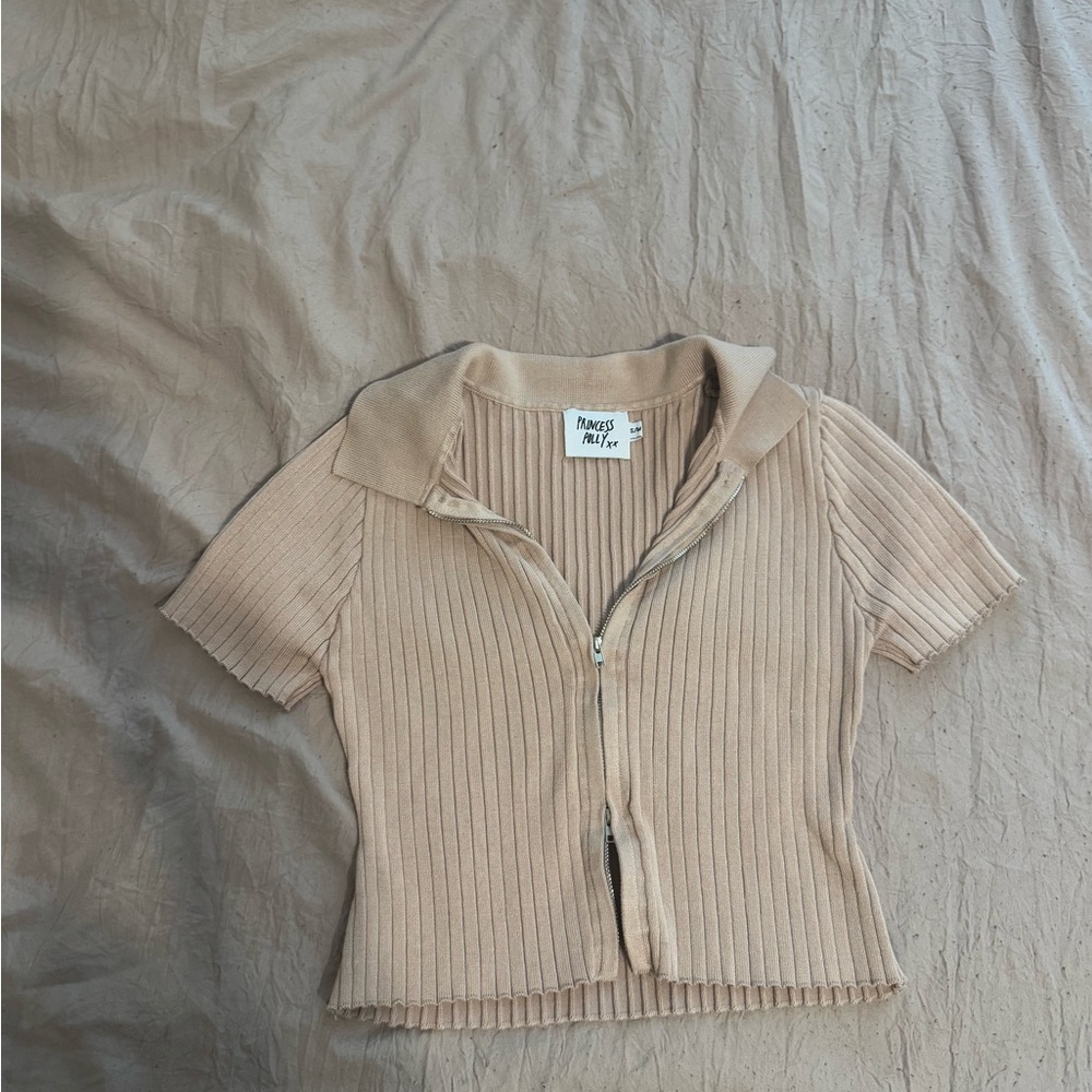 Princess Polly Ribbed Zip-Up Top - Beige